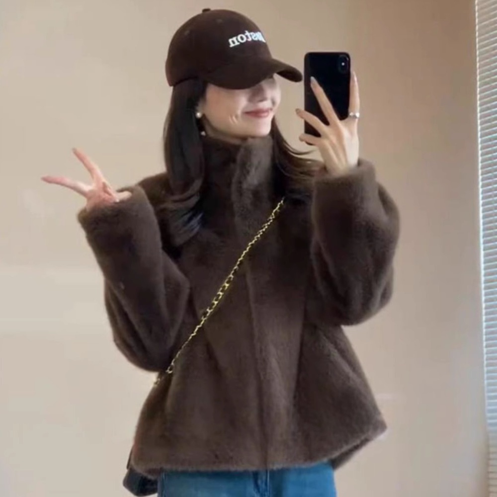 여성 퍼자켓 두꺼운 짧은 후드 상의 재킷 루즈 겨울 가을 모피 페이크 밍크 모조 신상 - 상세 이미지 5