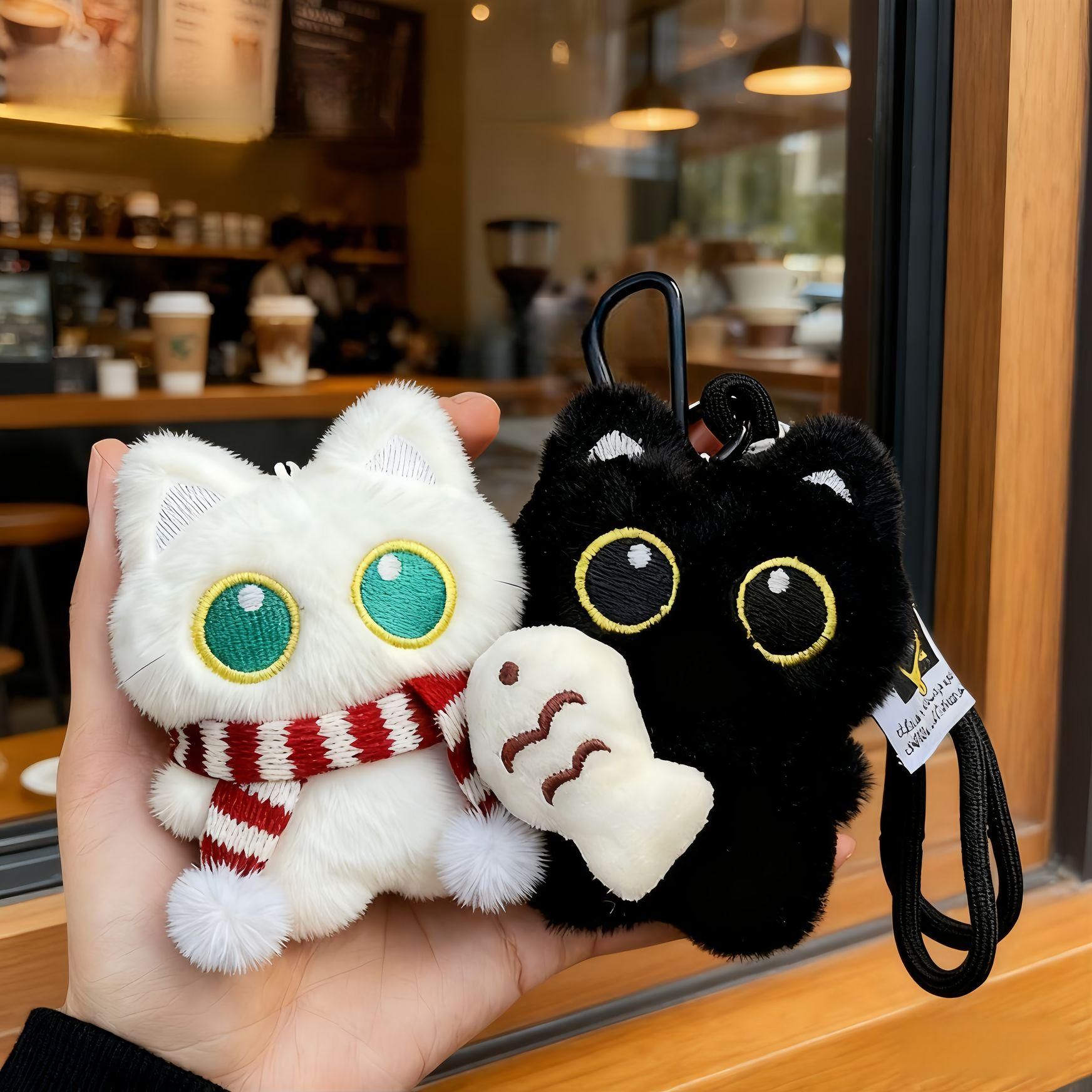 귀여운 검정 고양이 물고기 인형 키링 커플 가방고리 블랙캣포옹+레드+화이트스카프화이트캣 - 상품 이미지