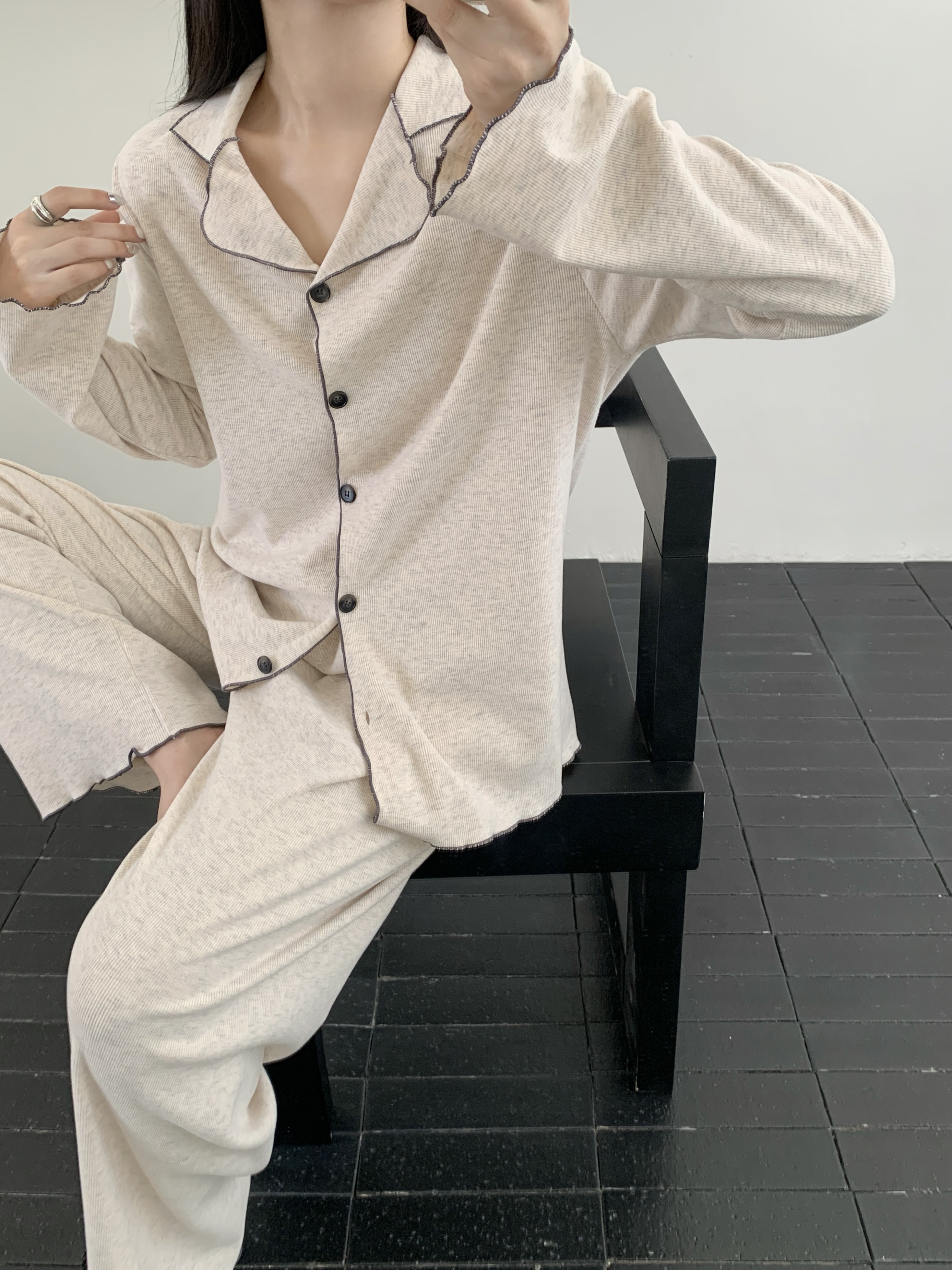 여성 데일리 홈웨어 파자마 상하세트 카라 버튼 잠옷 - 상품 이미지
