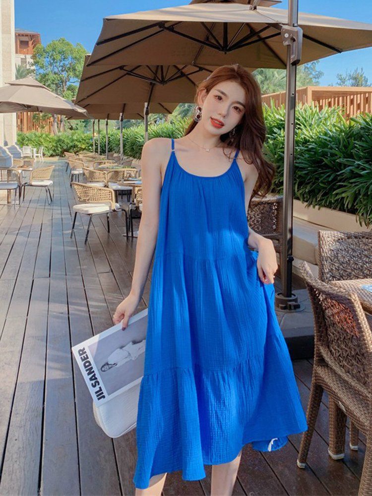 블루원피스 연예인룩 빅사이즈 여름 여성 휴양지 롱원피스 신혼여행 원피스 루즈핏 롱 - 상세 이미지 3