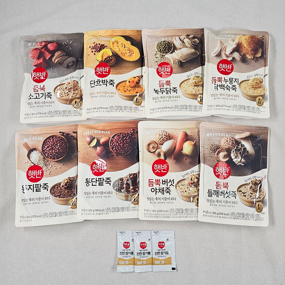비비고 죽 420g 8개 세트 (소고기 단호박 녹두닭 동지팥 통단팥 버섯야채 누룽지닭백숙 들깨버섯 참기름) - 상품 이미지
