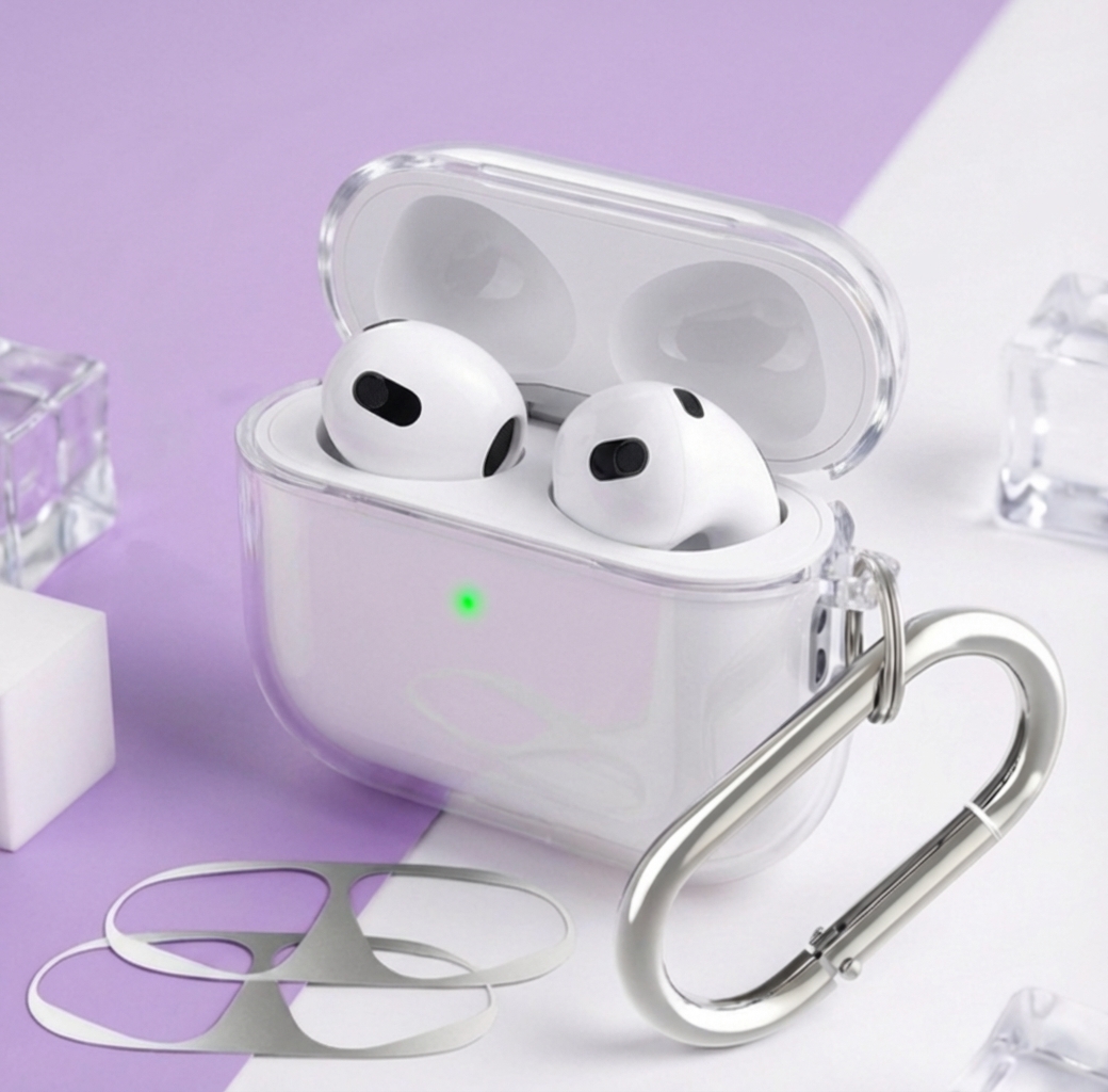 에어팟4 변색 방지 케이스 투명 실리콘 커버 키링 철가루 스티커 4세대 호환 제품 이미지