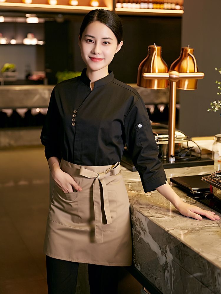 레스토랑 유니폼 식당 홀서빙 복장 단체복 셔츠 작업복 남성 7부 소매 베이지 3종 세트 M - 상세 이미지 5
