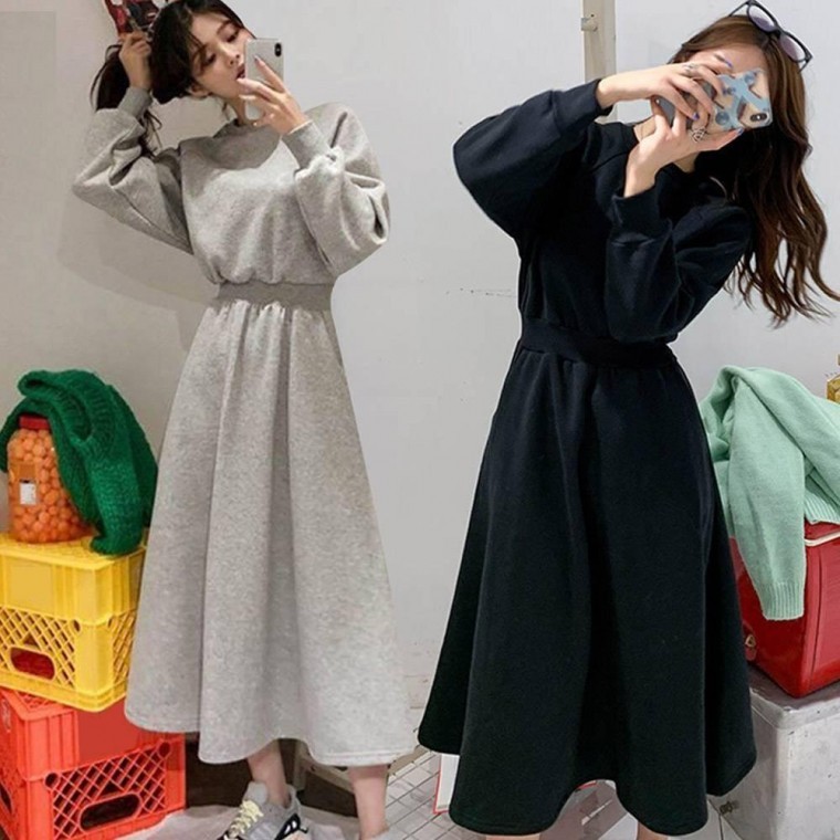 롱 몸매 캐주얼 허리밴딩 겨울가을 원피스여성 라인 면 - 상품 이미지