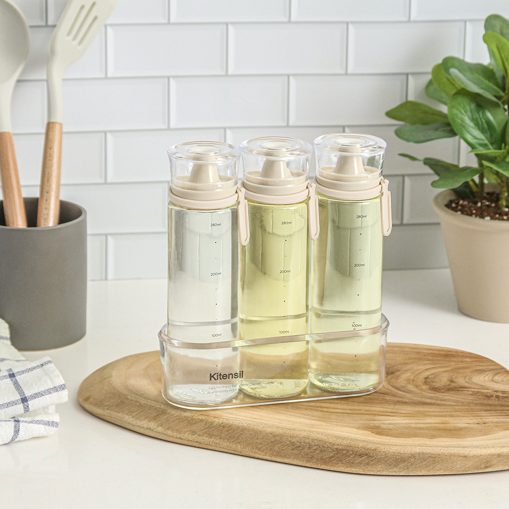 시노글라스 오일병 간장병 유리 양념통 소금병 투명트레이 네임택 세트 300ml 3p - 상세 이미지 3