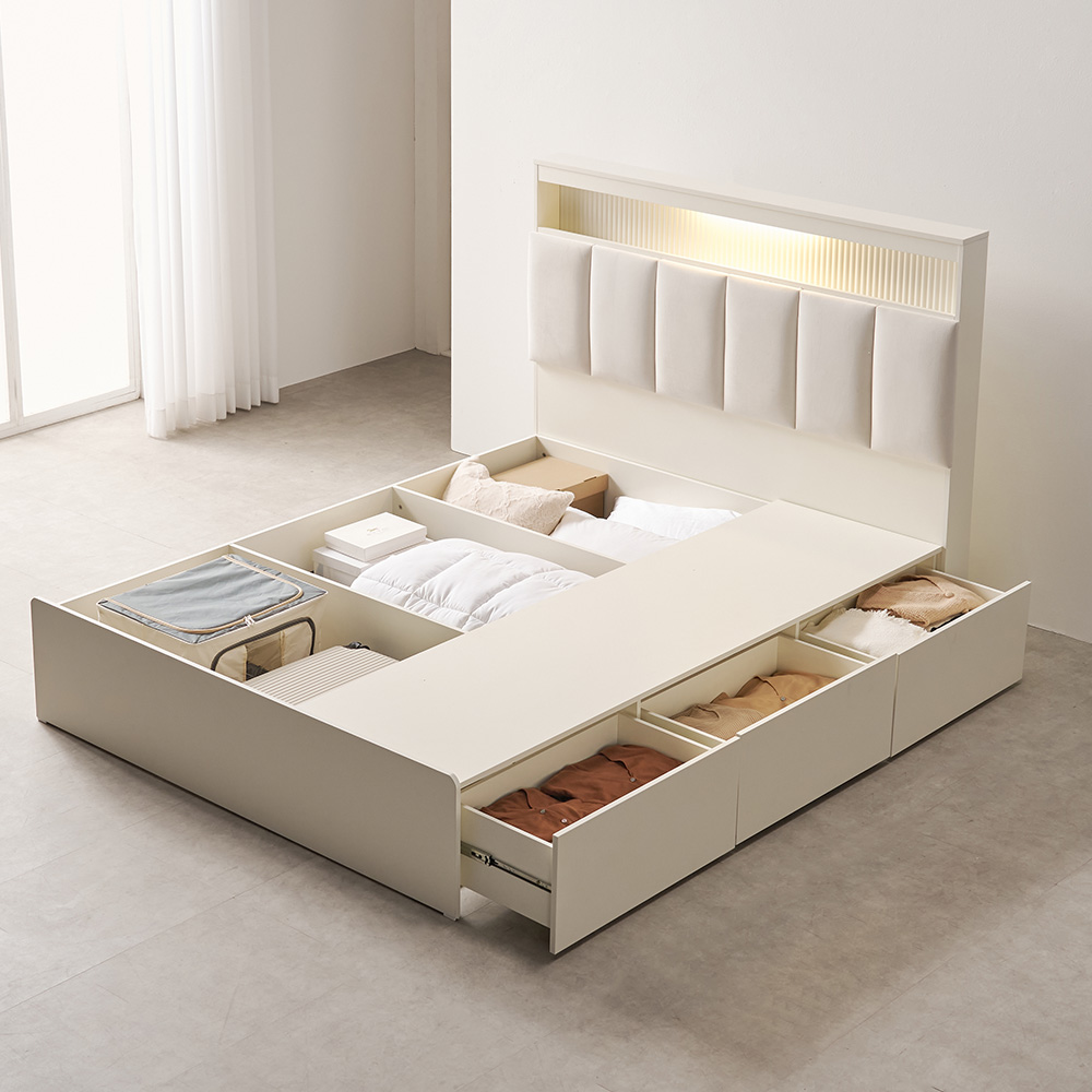 무디켄 엘리오 LED 패브릭 템바보드 호텔 헤드 수납 침대프레임 Q(퀸), 밀키 크리스탈