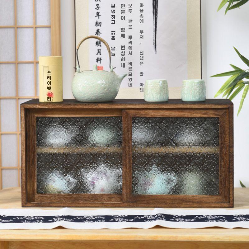 원목 그릇장 빈티지 식기 진열장 찻잔 보관함 주방 엔틱 줄무늬 유리 49x18x19cm - 상세 이미지 5