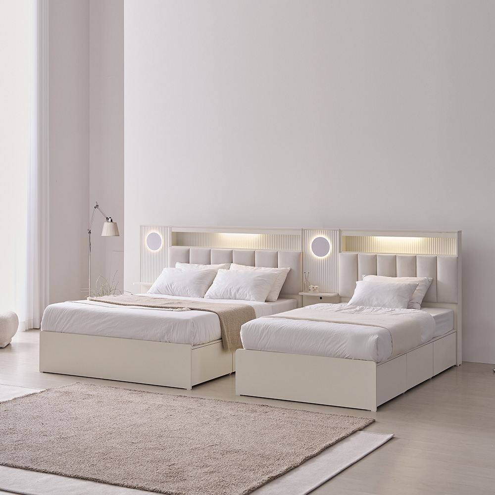 무디켄 엘리오 LED 패브릭 템바보드 호텔 헤드 수납 침대프레임 Q(퀸), 밀키 크리스탈