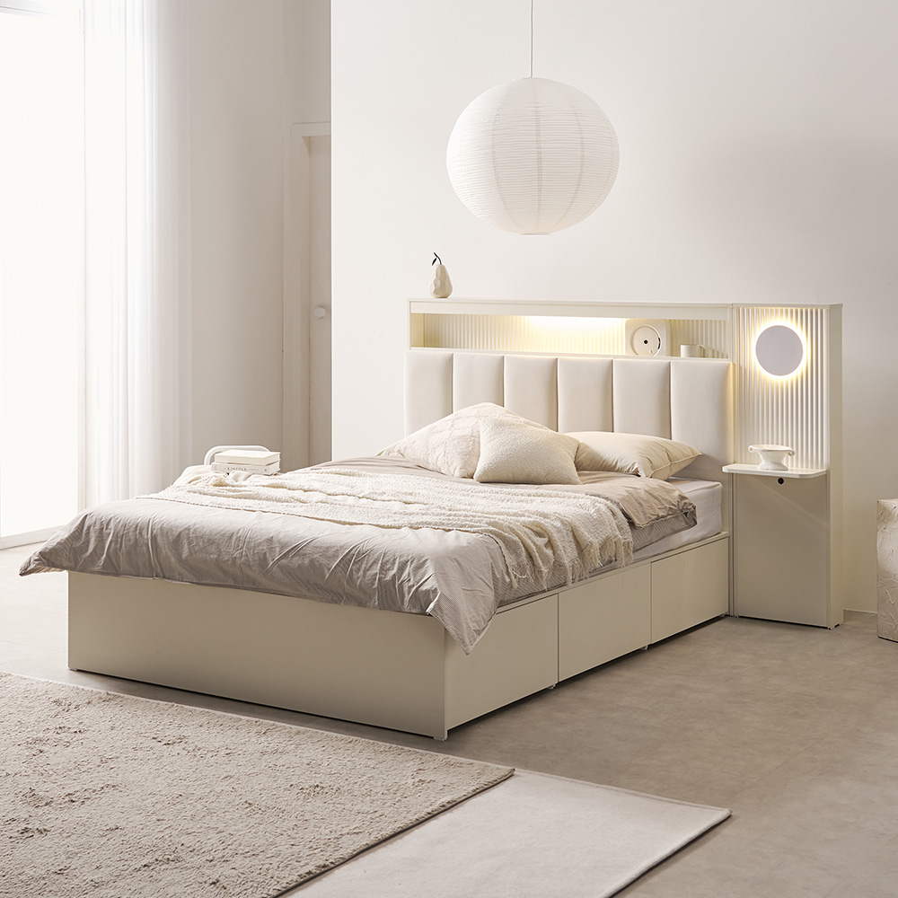 무디켄 엘리오 LED 패브릭 템바보드 호텔 헤드 수납 침대프레임 Q(퀸), 밀키 크리스탈