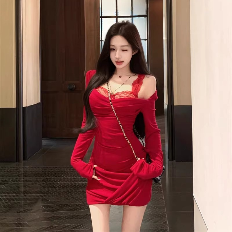 레이스 이너 블라우스 코디 오프숄더 셔링 니트 미니 원피스 섹시 데이트룩 - 상품 이미지