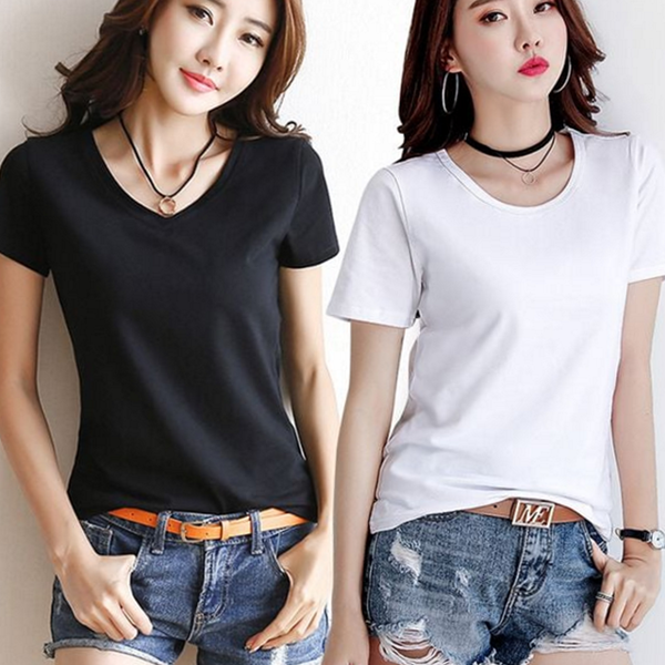 데일리 여성 반팔 티셔츠 브이넥 여성 라운드 넥 티셔츠 여름 - 상품 이미지