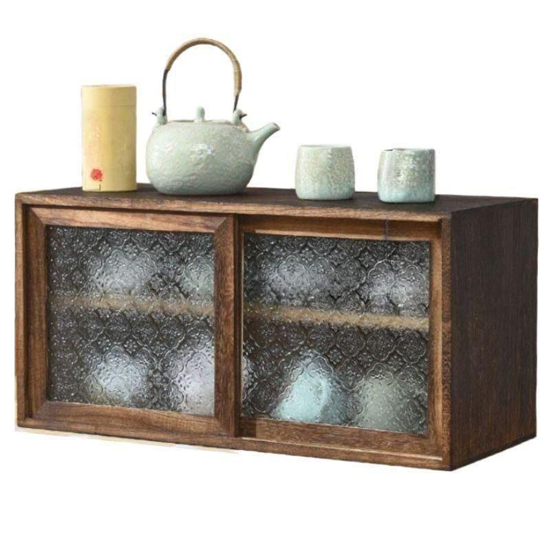 원목 그릇장 빈티지 식기 진열장 찻잔 보관함 주방 엔틱 줄무늬 유리 49x18x19cm - 상품 이미지