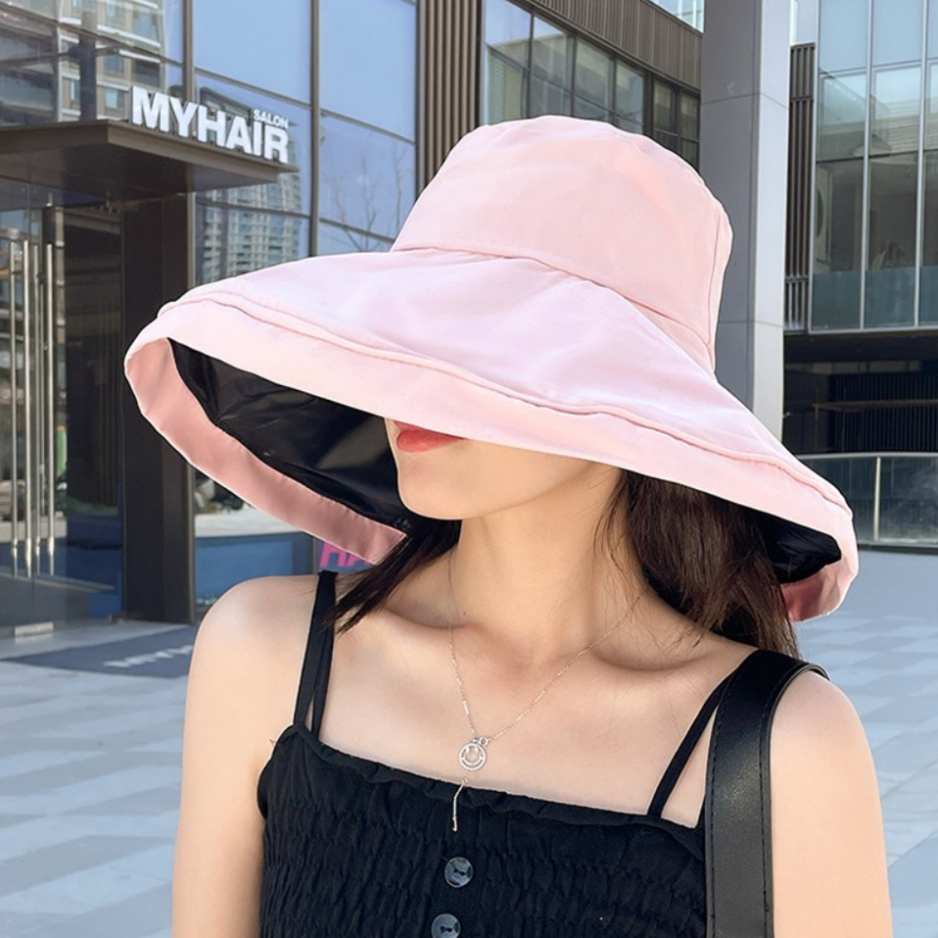 와이드 피셔맨 벙거지 버킷햇 자외선 차단 모자 핑크 - 상품 이미지