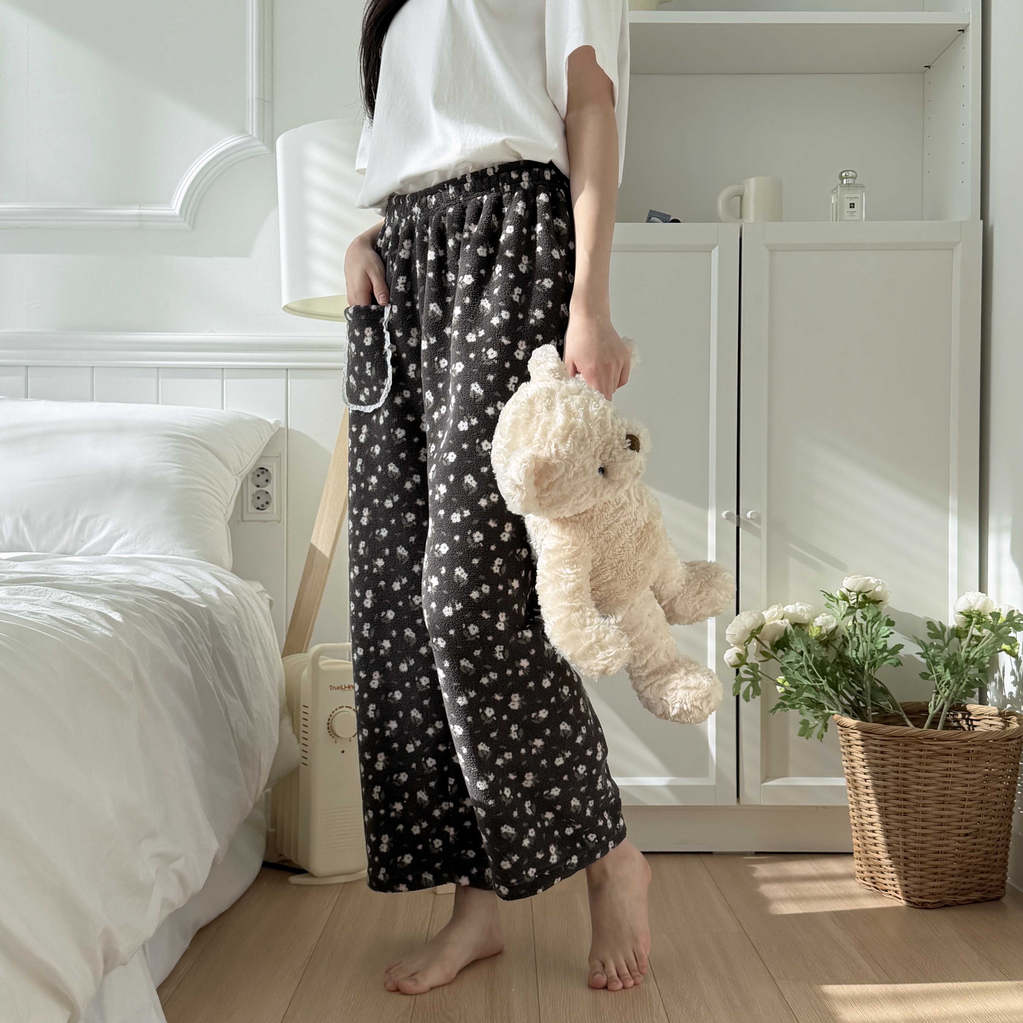 국산 여성겨울잠옷 파자마바지 후리스잠옷 꽃무늬 - 상세 이미지 2