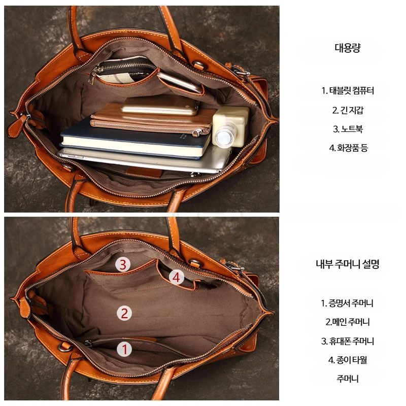 천연 가죽 여성 보스턴백 레트로 디자인 숄더백 여행용 대용량 트렌디한 스타일 독특한 토트백 - 상세 이미지 5