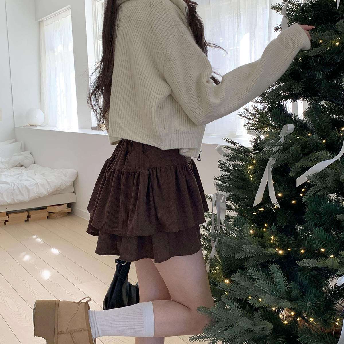 캉캉 플레어 코듀로이 골덴 여자 미니 스커트 - 상세 이미지 4