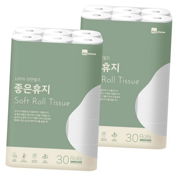 도톰한 두루마리휴지 무형광 천연 펄프 30롤 3겹 가정용 화장지 - 상품 이미지