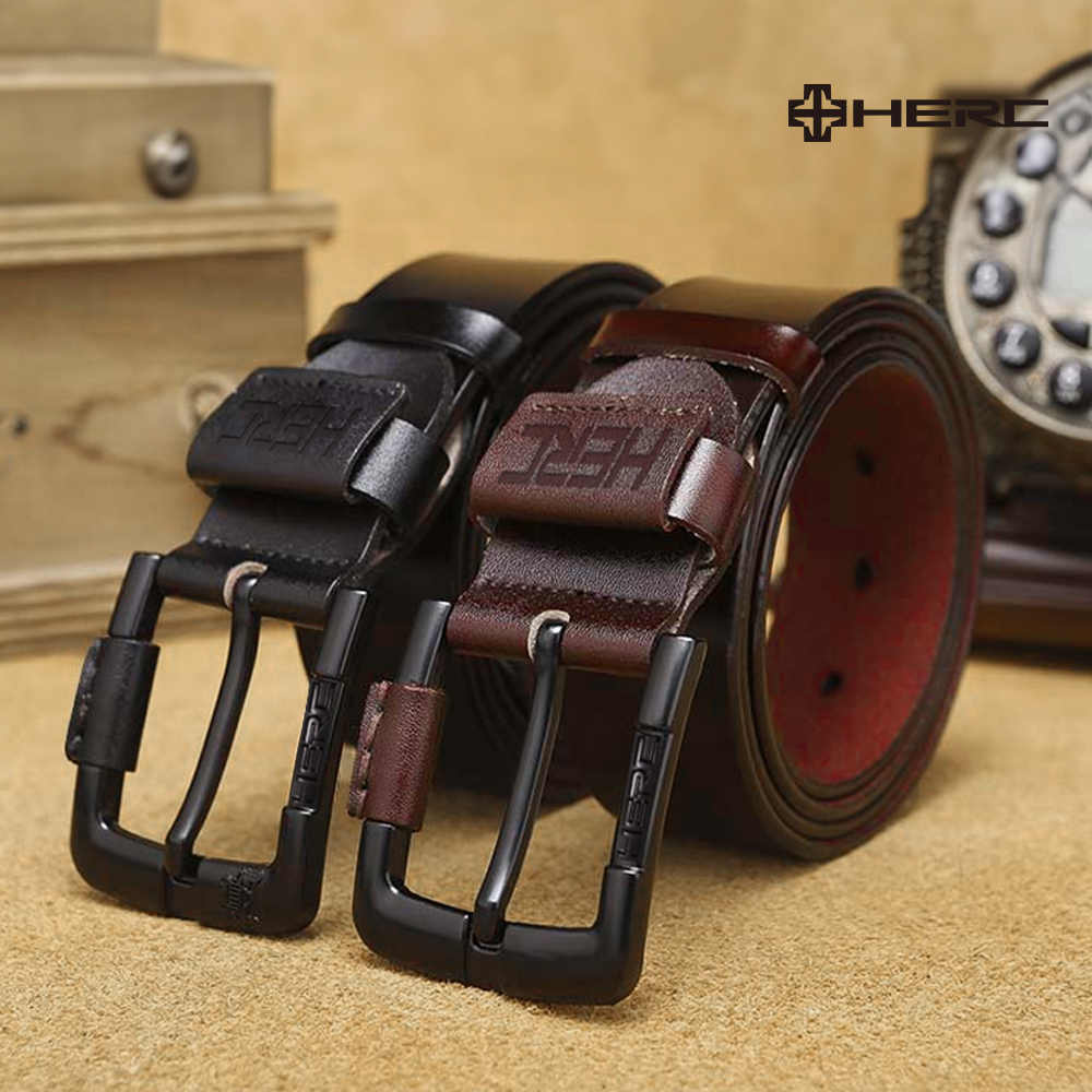 HERC 소가죽 벨트 고급 남성 가죽벨트 허리띠 캐주얼 정장 블랙 코팅 버클 골프벨트 선물 - 상품 이미지