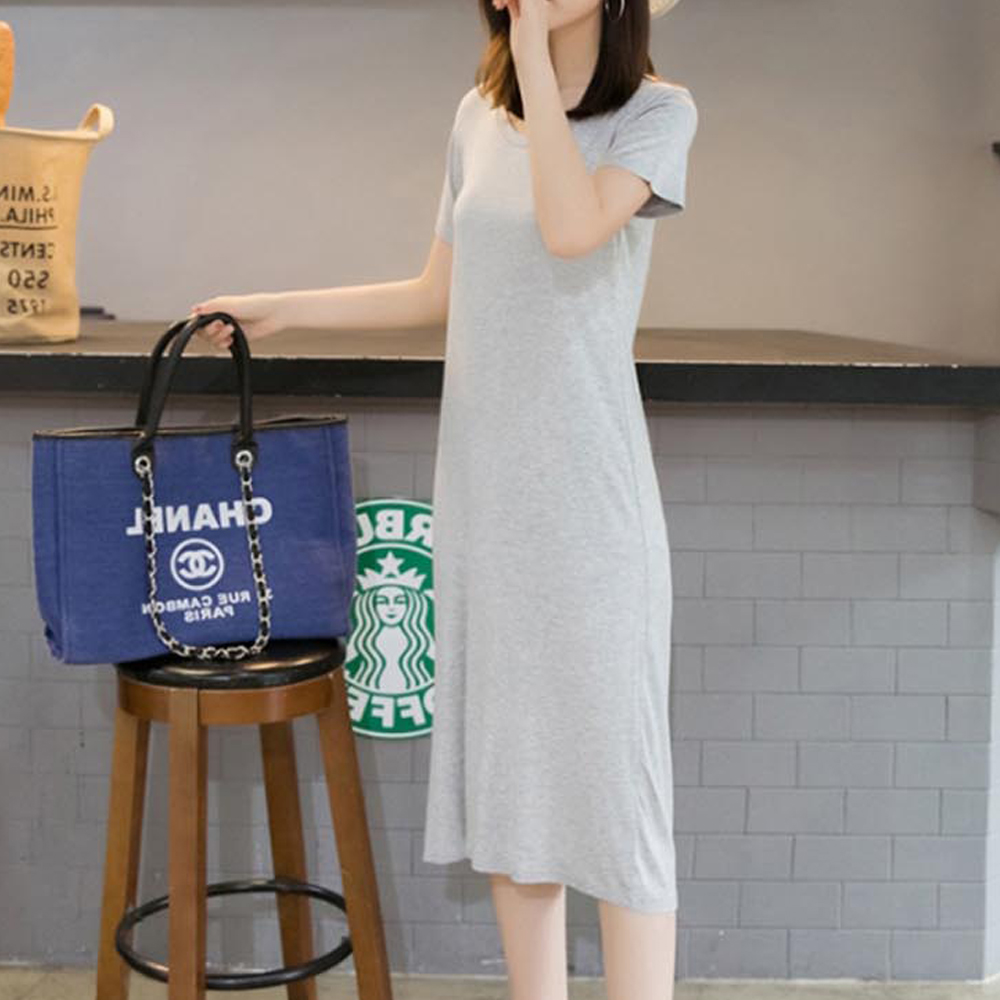 빅사이즈 단색 원피스 넉넉한 치수 반팔 무릎기장 - 상품 이미지
