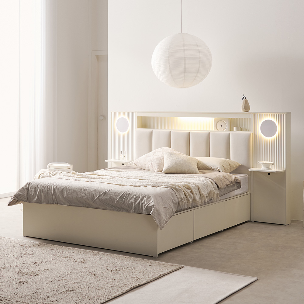 무디켄 엘리오 LED 패브릭 템바보드 호텔 헤드 수납 침대프레임 Q(퀸), 밀키 크리스탈