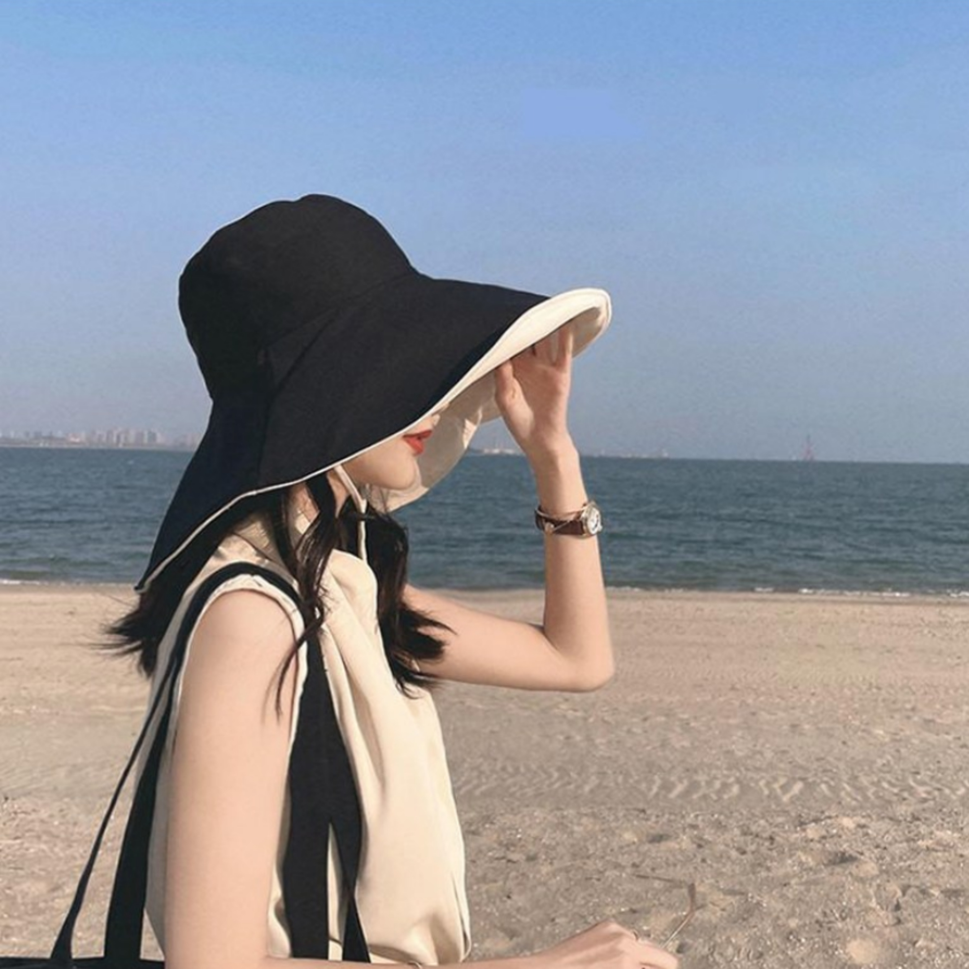 양면 와이드 벙거지 버킷햇 자외선 차단 모자 블랙 - 상품 이미지