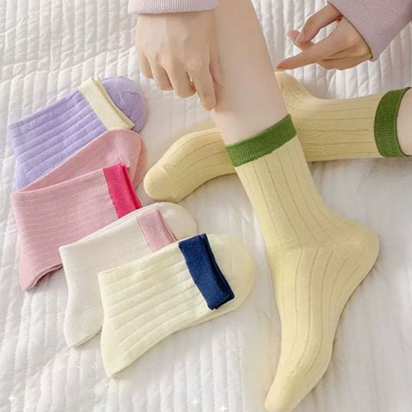 데일리 배색 중목 양말 스트라이프 여자 골지 양말 패턴 패션 - 상품 이미지