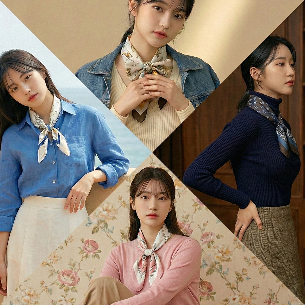 분위기 있는 쁘띠 목 스카프 70x70 가방 핸들 헤어 사각 스카프