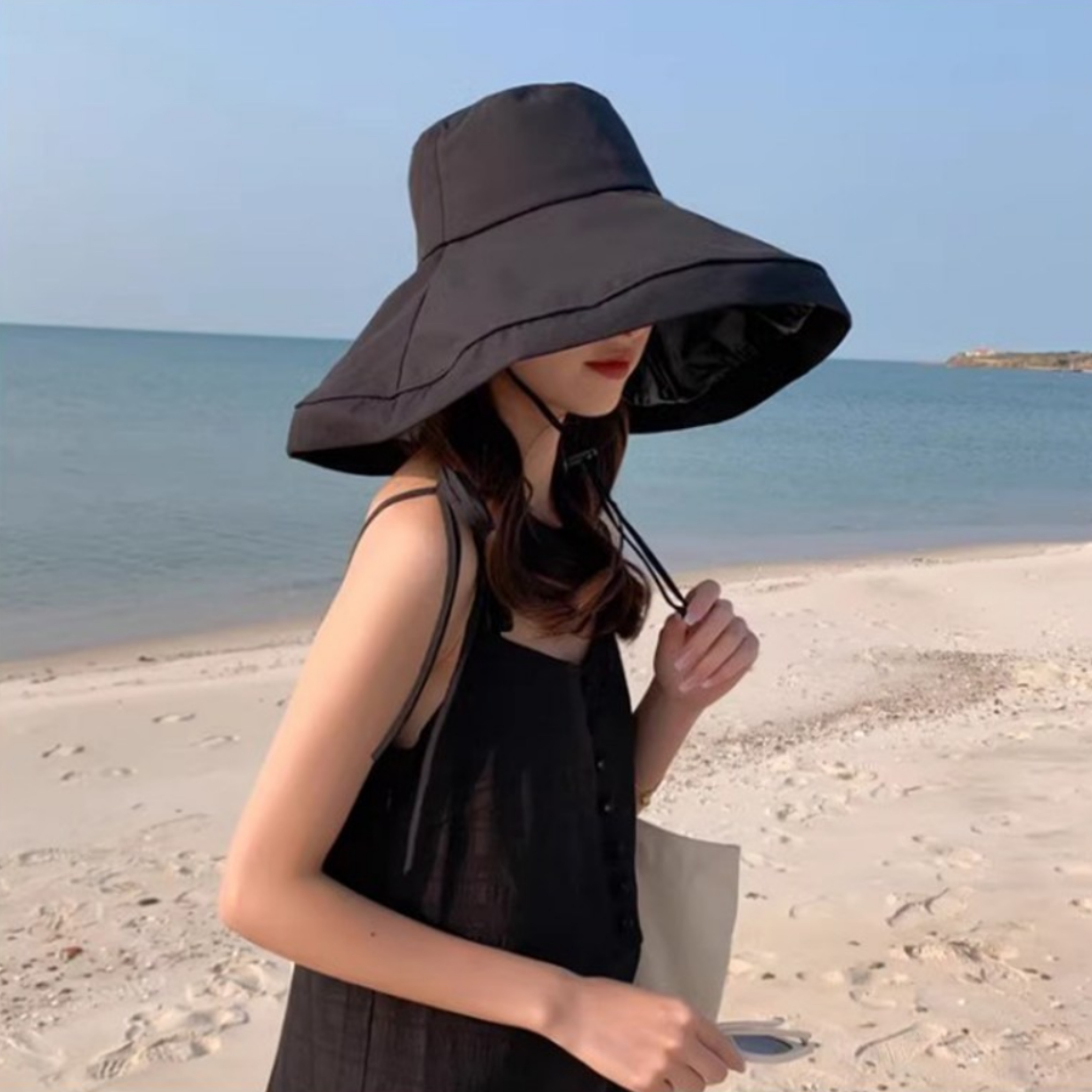와이드 피셔맨 벙거지 버킷햇 자외선 차단 모자 블랙 - 상품 이미지