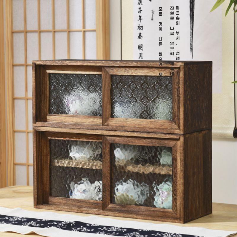 원목 그릇장 빈티지 식기 진열장 찻잔 보관함 주방 엔틱 줄무늬 유리 49x18x19cm - 상세 이미지 4