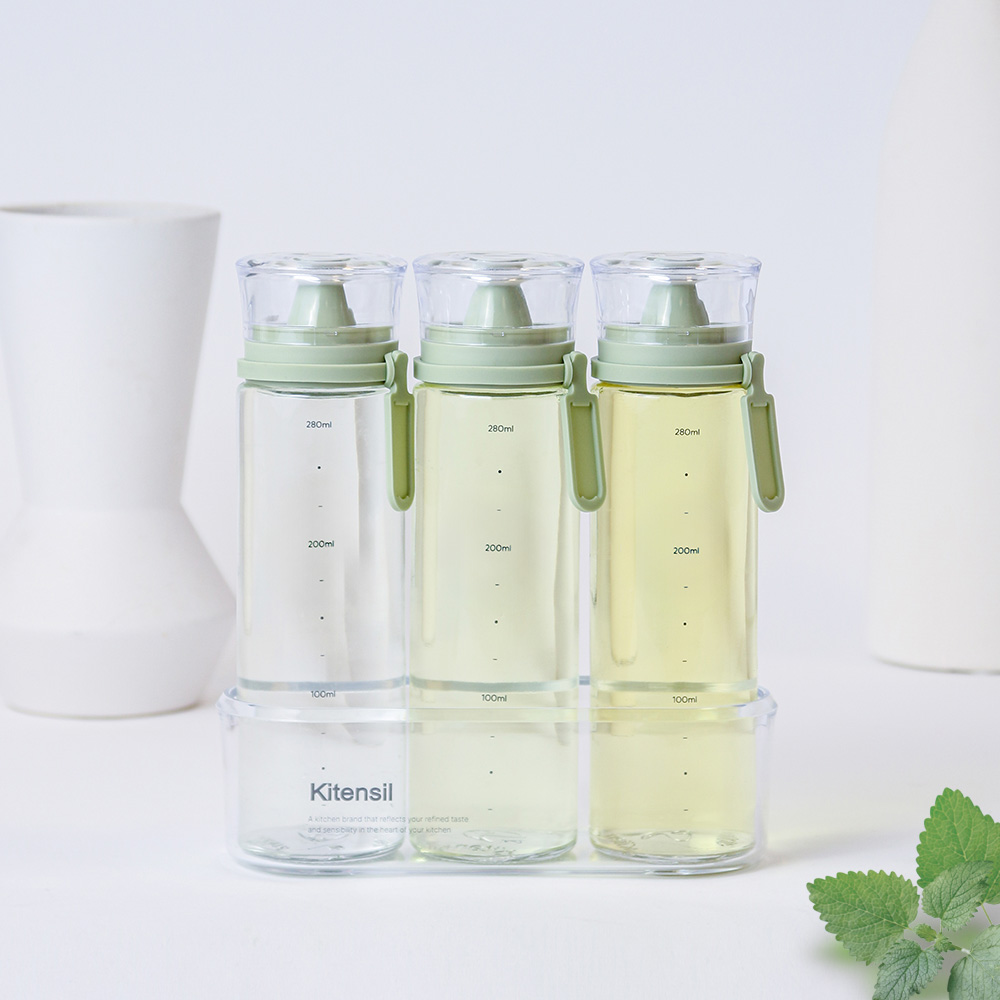 시노글라스 오일병 간장병 유리 양념통 소금병 투명트레이 네임택 세트 300ml 3p - 상품 이미지