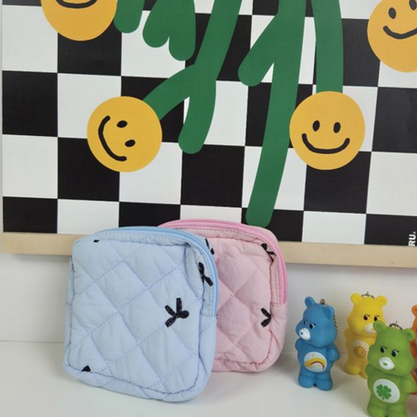 퀼팅 생리대 파우치 자수 리본 파우치 데일리 휴대용 여성용 사각 - 상품 이미지