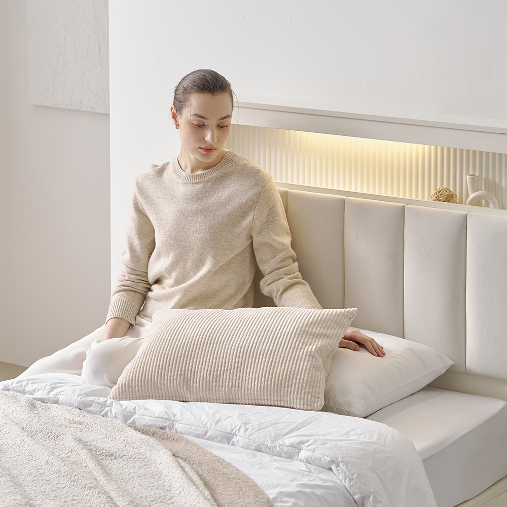 무디켄 엘리오 LED 패브릭 템바보드 호텔 헤드 수납 침대프레임 Q(퀸), 밀키 크리스탈