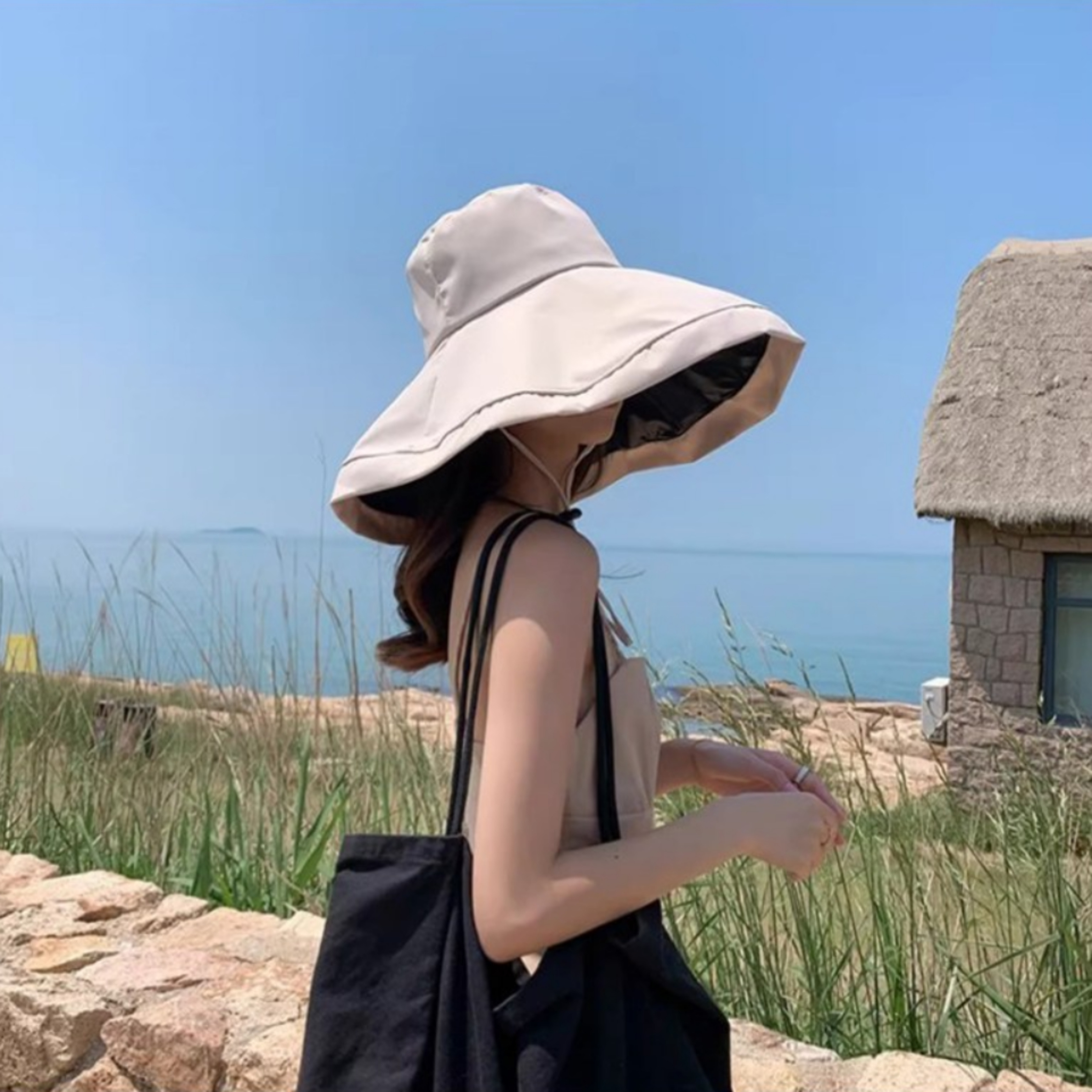 와이드 피셔맨 벙거지 버킷햇 자외선 차단 아이보리 - 상품 이미지