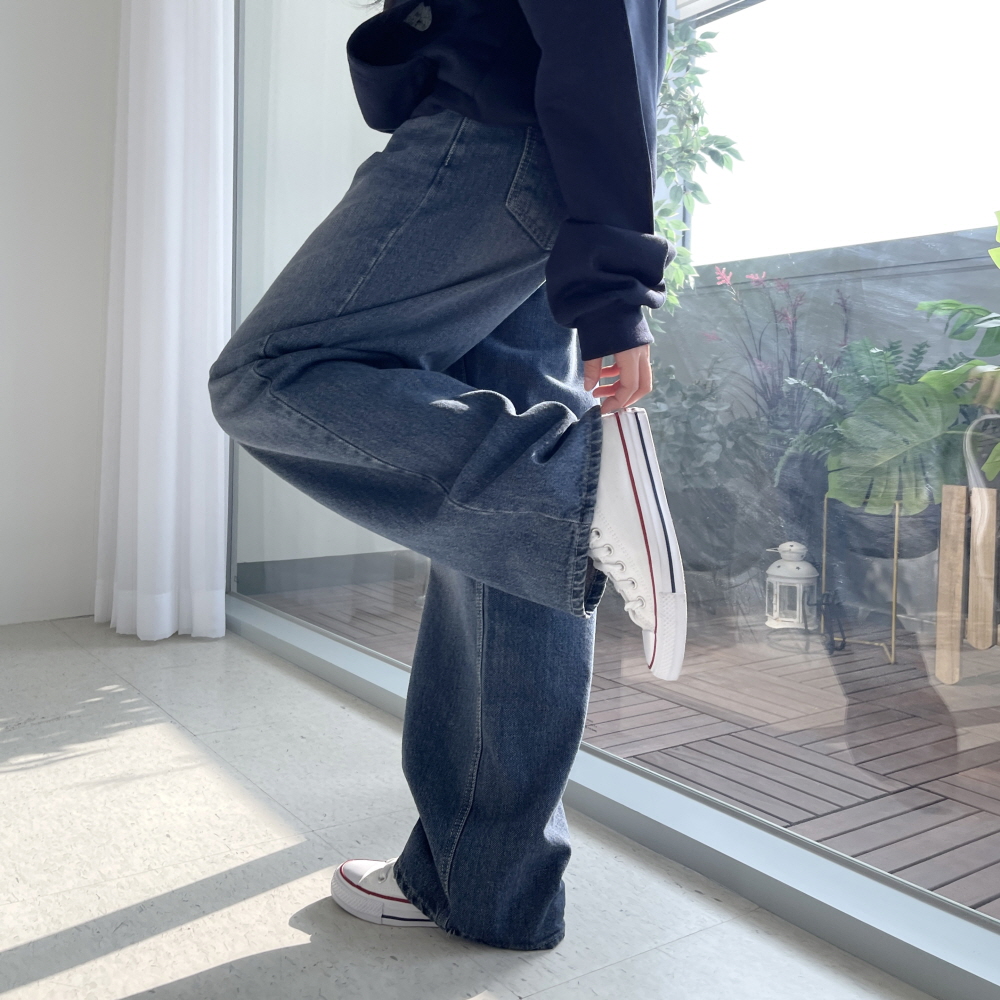 여성기모청바지 겨울 벌룬핏 와이드 중청 통바지 데님팬츠 로즈블러 기모데님 이미지 8