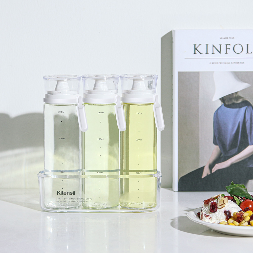 시노글라스 오일병 간장병 유리 양념통 소금병 투명트레이 네임택 세트 300ml 3p - 상세 이미지 2