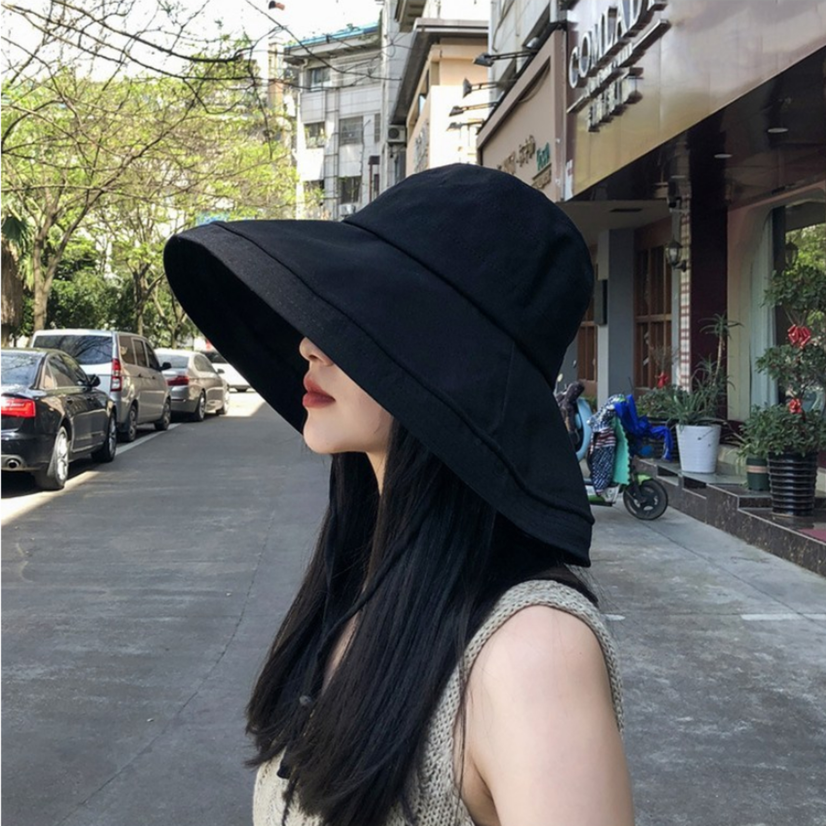 어부 린넨 버킷햇 와이드 자외선 차단 모자 블랙 - 상품 이미지