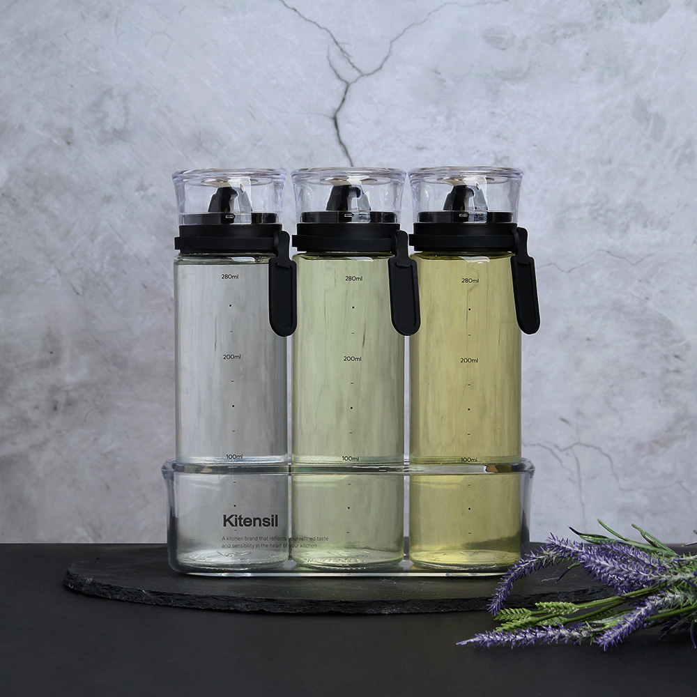 시노글라스 오일병 간장병 유리 양념통 소금병 투명트레이 네임택 세트 300ml 3p - 상세 이미지 4