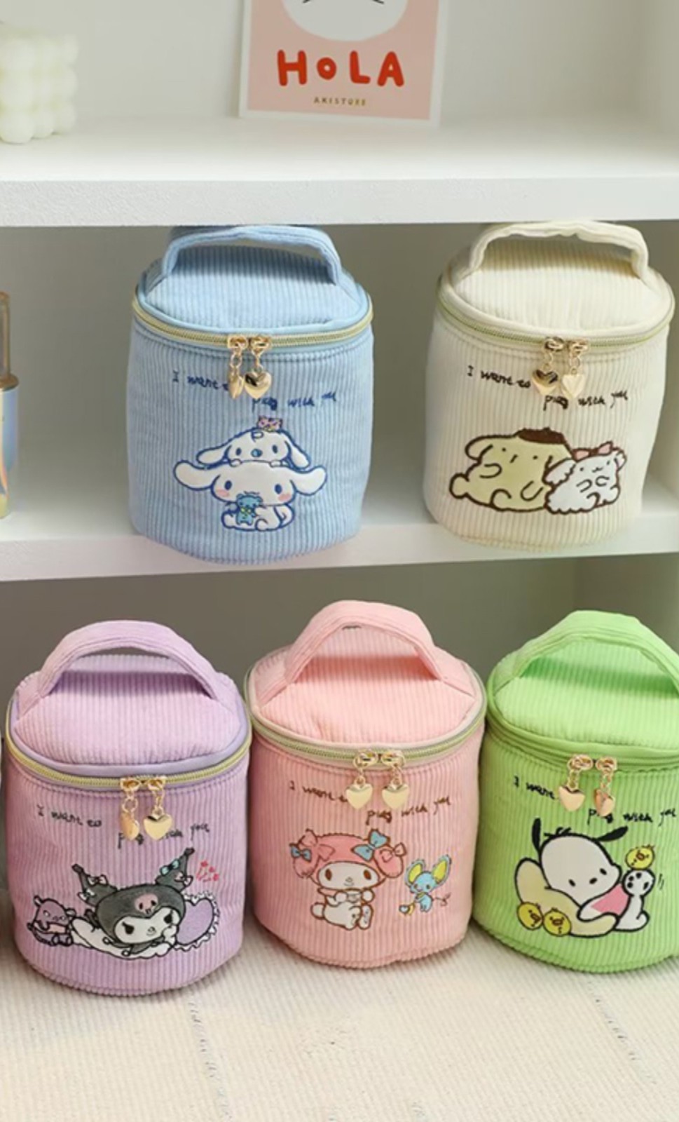 산리오 파우치 자수 코듀로이 통 휴대용 화장품 가방 케이스 대용량 잡화 보관 수납 시나모롤 - 상세 이미지 5