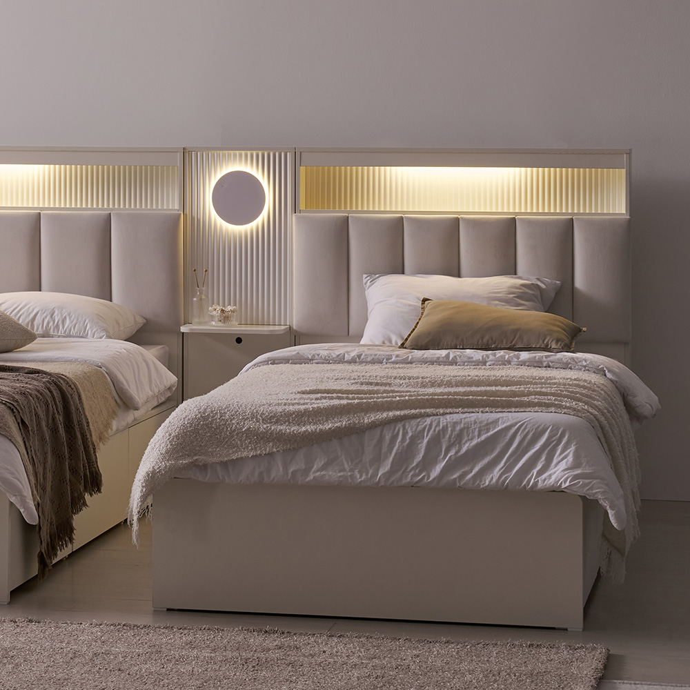 무디켄 엘리오 LED 패브릭 템바보드 호텔 헤드 수납 침대프레임 Q(퀸), 밀키 크리스탈