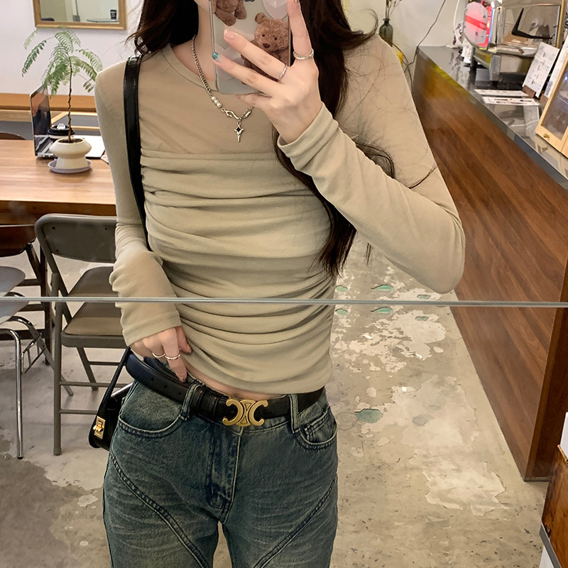 여성 데일리 라운드넥 셔링 긴팔 티셔츠 슬림핏 기본 골지 이너 블라우스 가을 오피스룩 - 상세 이미지 3