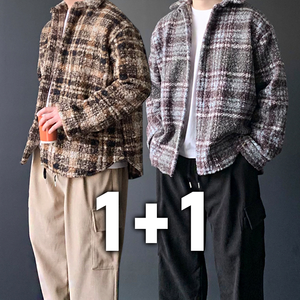 1+1 남자 오버핏 양털 체크 남방 빅 사이즈 겨울 두꺼운 셔츠 - 메인 이미지