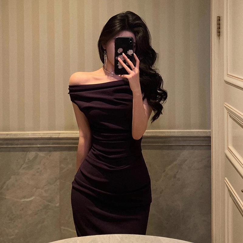 파티원피스 드레스 오프숄더 연주회 연말 셀프 결혼식 셔링 이브닝 피로연 - 상품 이미지
