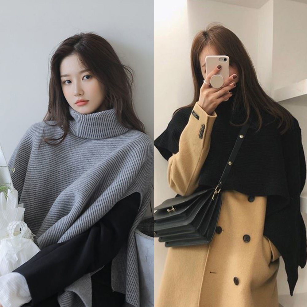 여성 니트 케이프 따뜻한 머플러 빅사이즈 언발 숄 - 메인 이미지