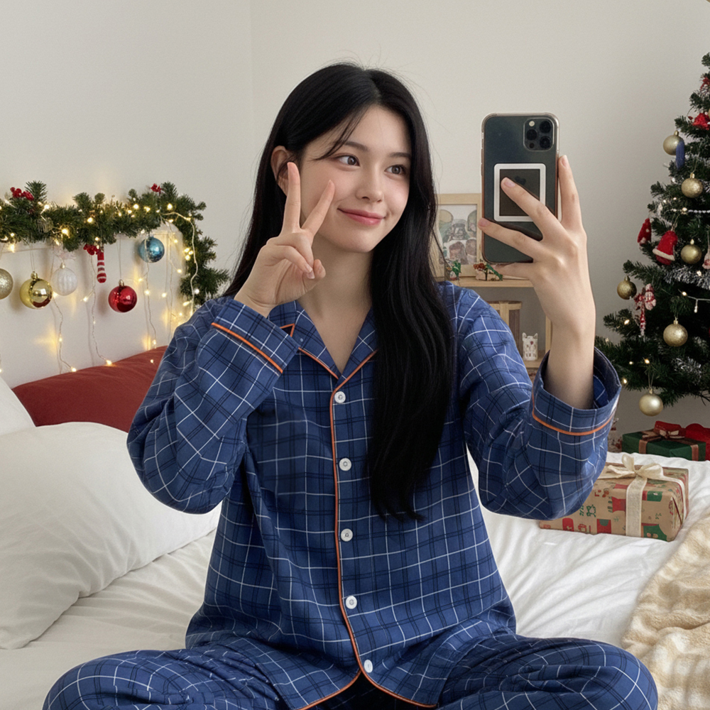 [도씨] 코튼라이크 블루먼 긴팔 카라 커플 잠옷 세트 홈웨어 제품 이미지