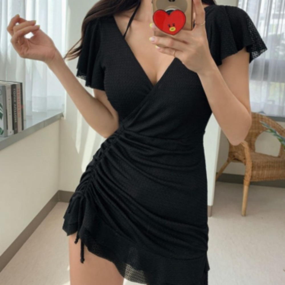 홀터넥셔링 원피스 체형커버 수영복 비치웨어 블랙 L - 상품 이미지