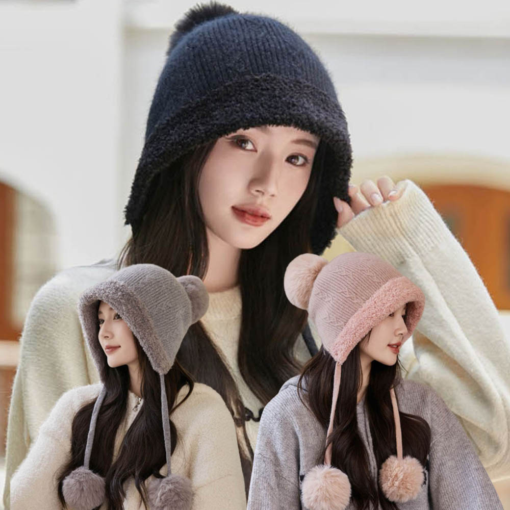 털벙거지모자 방한비니모자 귀달이모자 귀도리모자 귀달이비니 온나핏 귀달이방한모 방울방울패턴벙 - 상품 이미지