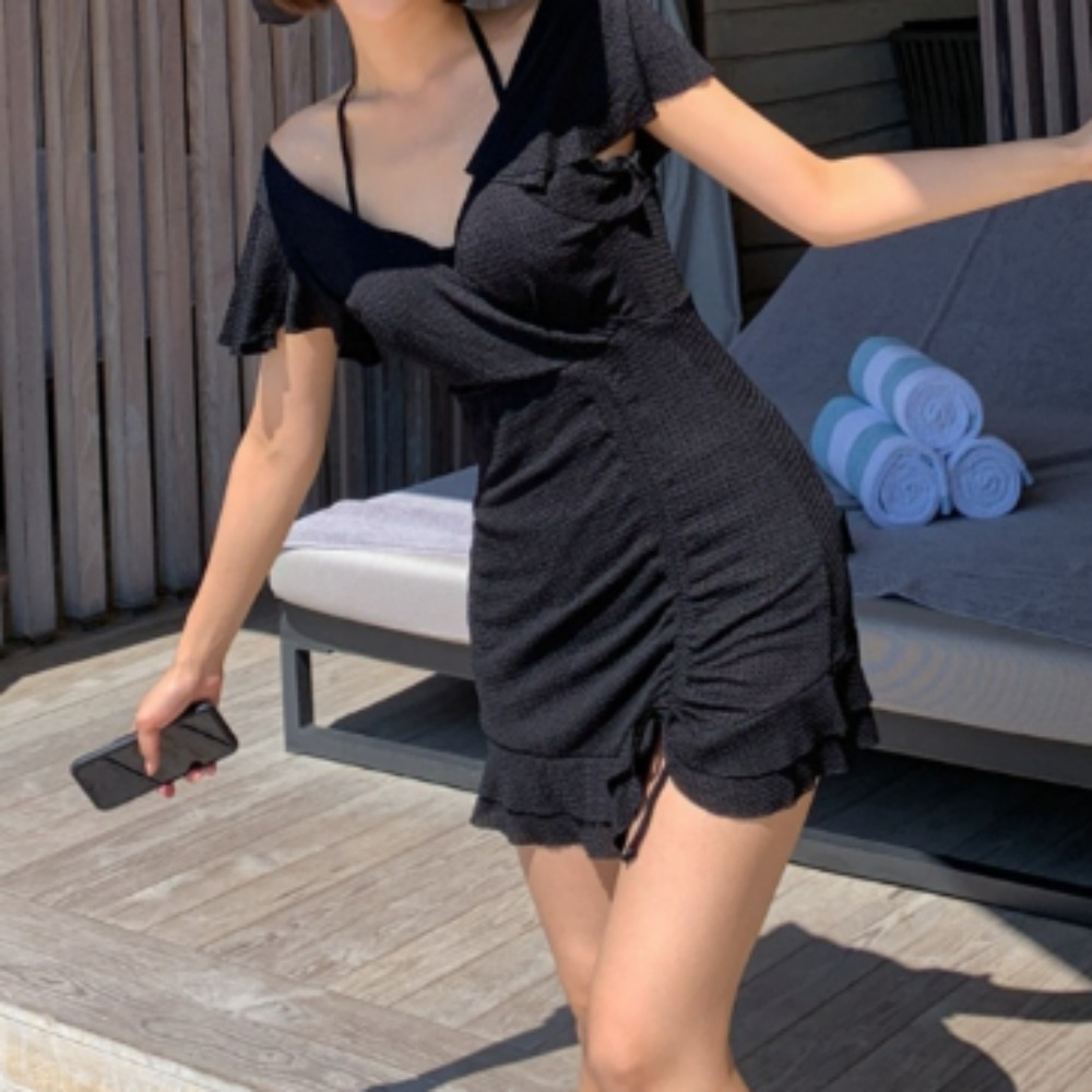 홀터넥셔링 원피스 체형커버 수영복 비치웨어 블랙 M - 상품 이미지
