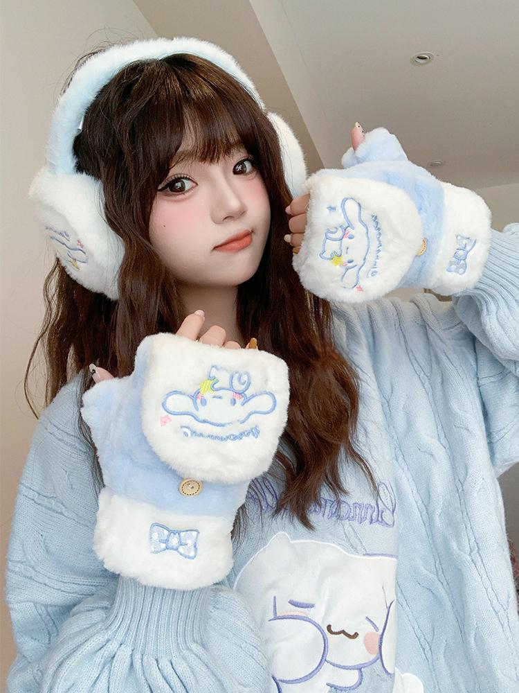 산리오 자수 장갑 귀마개 이어머프 키티 시나모롤 쿠로미 마이멜로디 한교동 시나모롤 귀마개 장갑 - 상품 이미지