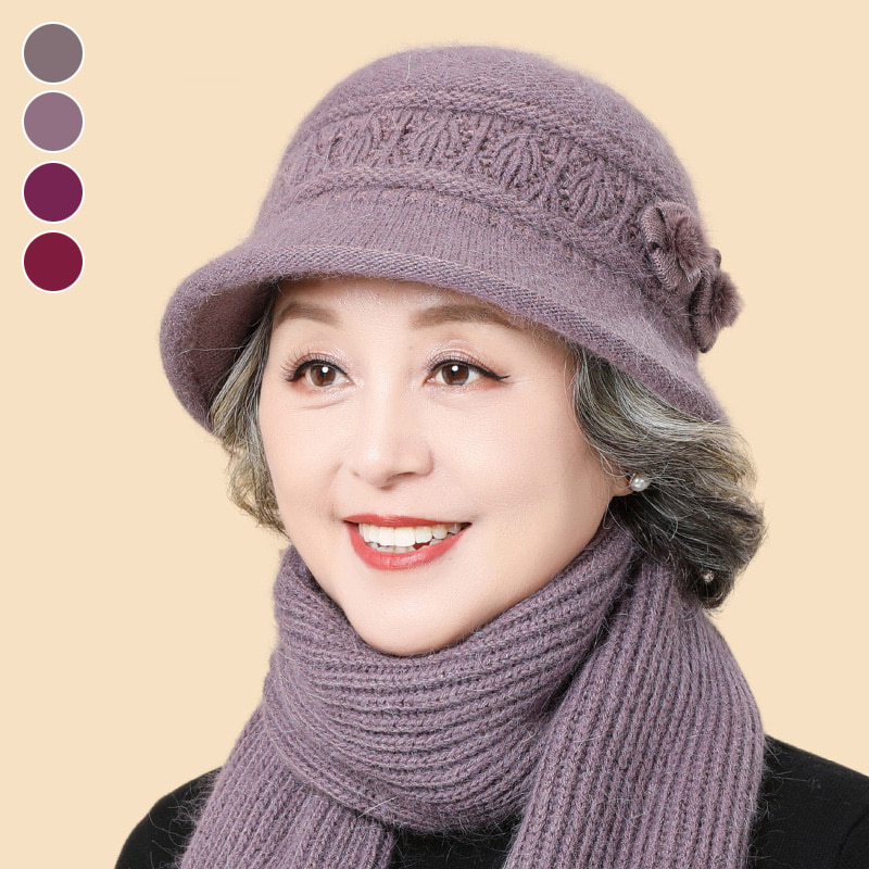 ELM-285 캡모자 머플러세트 중장년 방한 꽃장식 - 상품 이미지