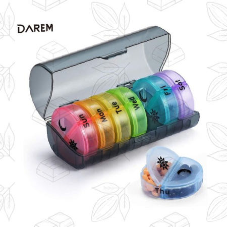 dinosanghoe 요일별 알약통 투명 원형 휴대용 약케이스 컬러풀 일주일 복용 보관함 가정용 여행용 약물 정리